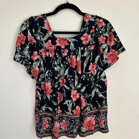 Lucky Brand Women's Short Sleeve Navy Floral Square Neck Top Size S GUC - Picture 8 of 8